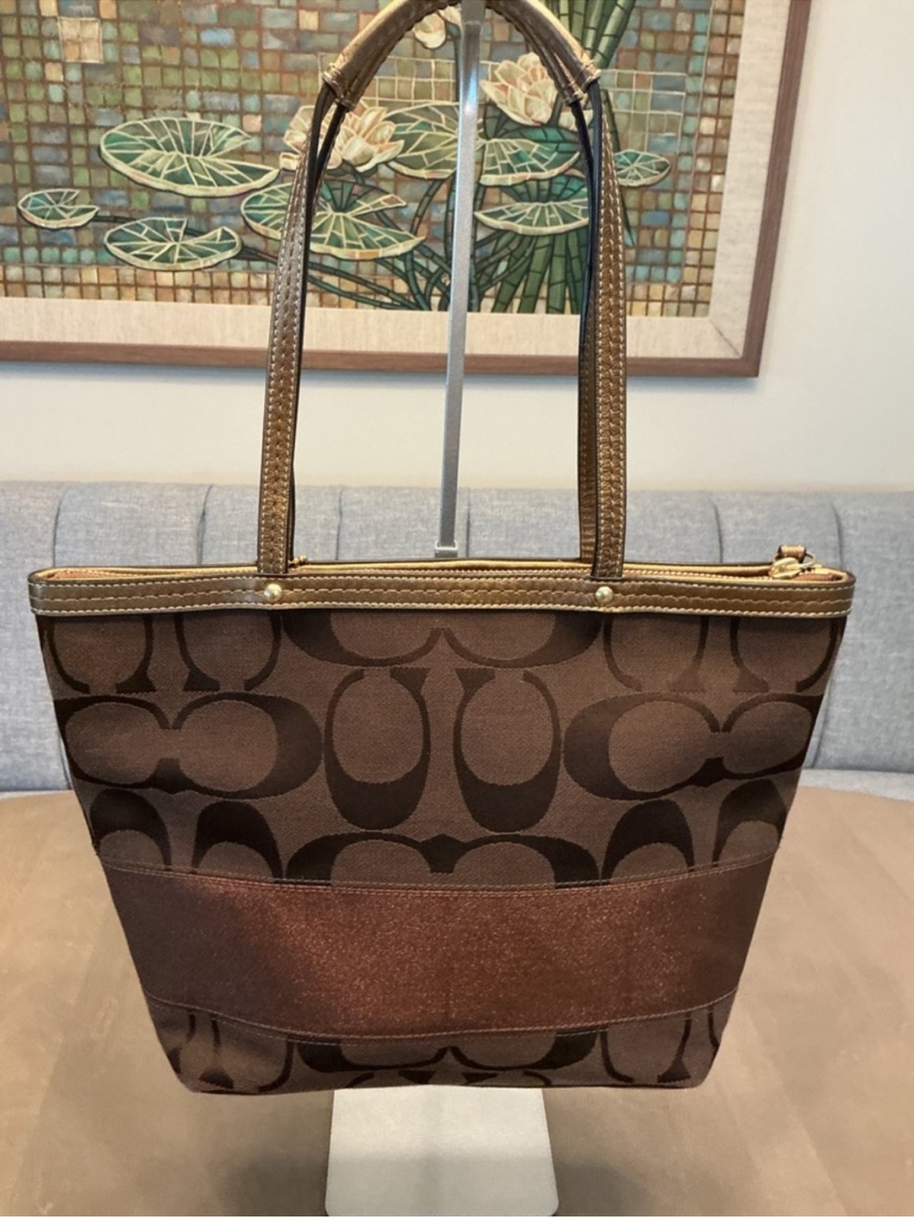 Coach Y2K Signature Stripe Tote Bag Dark Brown Metallic Bronze Trim F13548 EUC - Picture 5 of 10